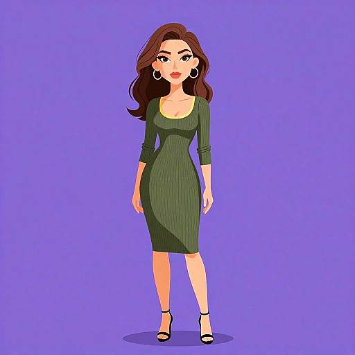 Digital illustration of a confident woman with long brown hair, wearing a green ribbed dress, black heels, and hoop earrings, standing against a solid purple