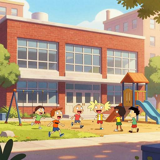 Cartoon-style illustration of six children playing outside a red-brick school building with large windows, playground equipment, and a slide. Bright, sunny day