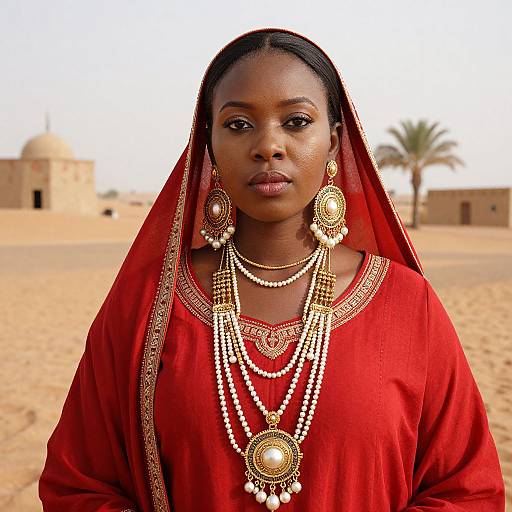 Photograph of a Black woman in traditional African desert attire, wearing a red dress, gold jewelry, and a headscarf, standing in a sandy