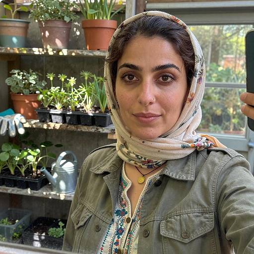 Middle Eastern Woman Selfie in Garden Shed