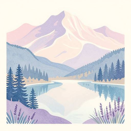 Watercolor-style landscape of a serene mountain lake with blue evergreens, purple lavender, and distant mountains under a pink-tinged sky.