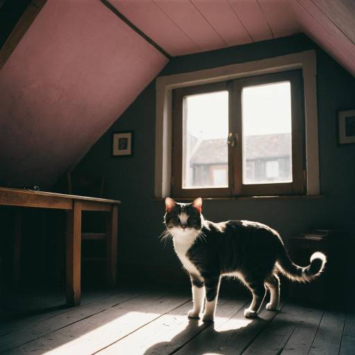 Cat Standing in Sunlit Attic