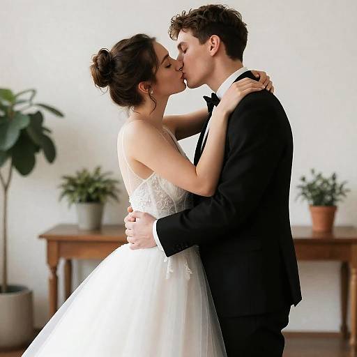 Romantic Indoor Wedding Kiss Photograph