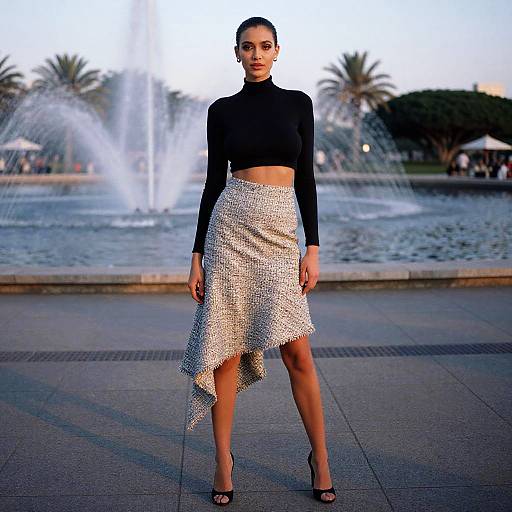 Photograph of a woman with dark skin and an athletic build, wearing a black long-sleeve crop top and a sparkling silver high-low skirt,
