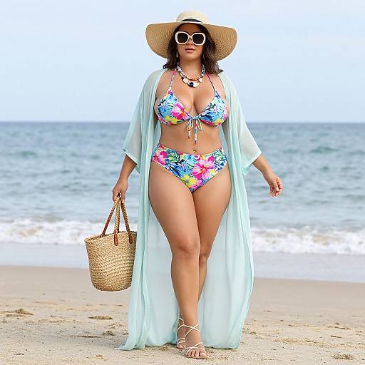 Photograph of a curvy woman with tan skin, wearing a colorful floral bikini, light blue sheer robe, straw hat, and sunglasses, carrying a