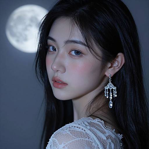 Photograph of an East Asian woman with long black hair, pale skin, and pink lips, wearing a white lace top and dangling crystal earrings, against