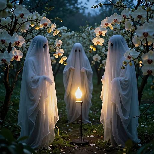 Photograph of three ghostly figures in white sheets, standing in a dark garden with blooming white flowers, illuminated by glowing candles.