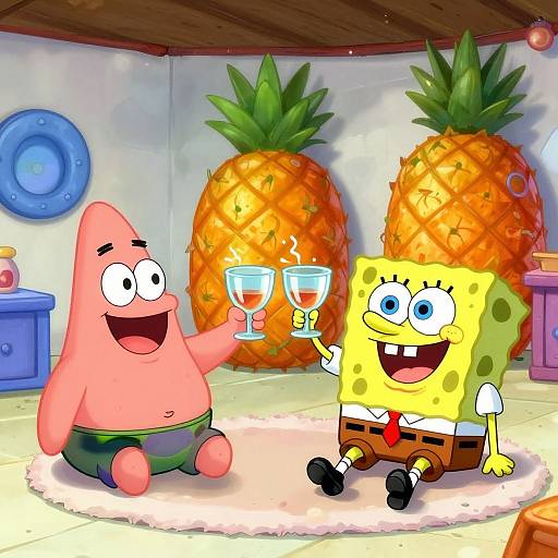 Bright cartoon image of a pink blob and yellow sponge raising glasses in a pineapple-themed room with large pineapples.