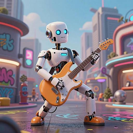 Playful Robotic Musician in Futuristic Plaza