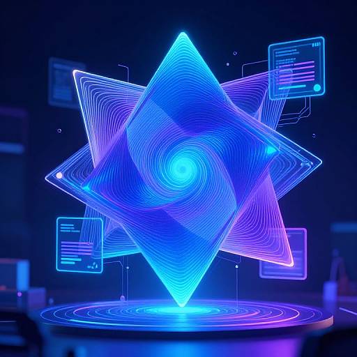 Neon blue digital art of glowing, intersecting 3D star shapes with circular patterns, floating text boxes, and a glowing central core.