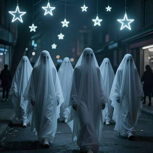 Photograph of seven ghostly figures in white sheets marching down a dimly lit, star-lit street at night.