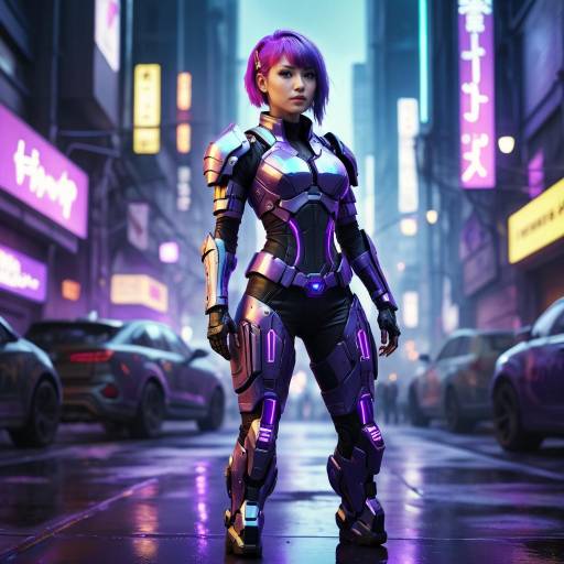 Cybernetic Warrior in Neon Cyberpunk Scene