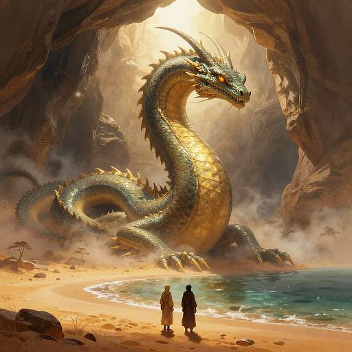 Digital fantasy art: A massive, golden-scaled dragon with glowing eyes stands in a cavernous, sunlit beach, facing two small, silhou