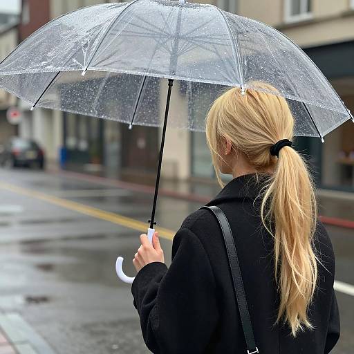 Woman with Transparent Umbrella on Rainy Urban Street