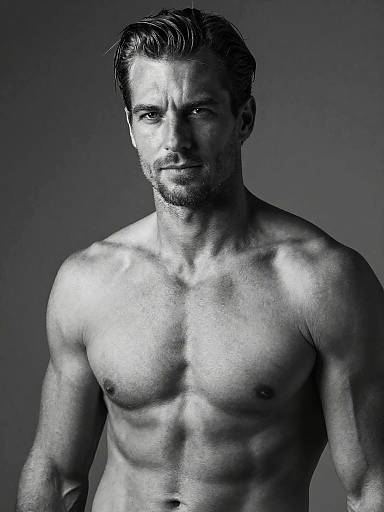 Photograph of a shirtless, muscular, bearded man with short, dark hair, looking intently at the camera in high-contrast blue and