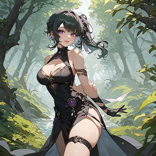 Anime Girl in Black Dress Standing in Forest
