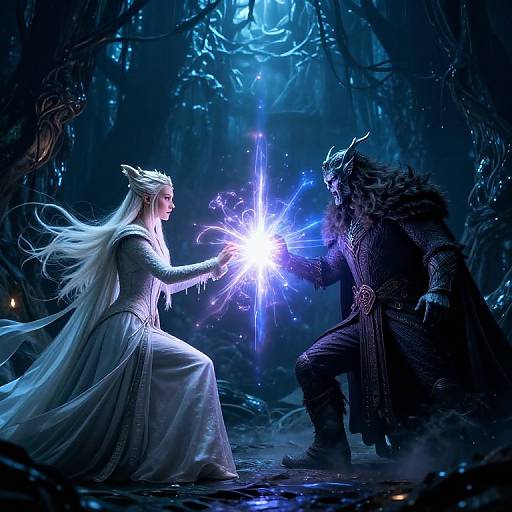 Digital fantasy artwork: A white-haired, ethereal woman in a flowing gown confronts a dark, beastly figure in a glowing blue forest, both