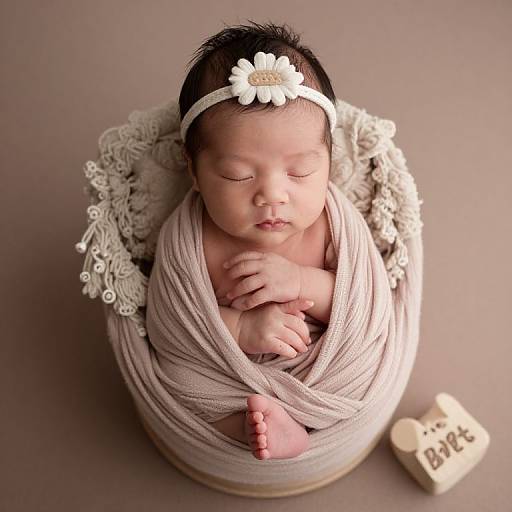 Photograph of a sleeping newborn baby, wrapped in beige swaddling, wearing a white floral headband, in a lace-lined basket, with a