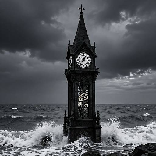 Photograph of a stormy ocean with a gothic clock tower standing in turbulent waves, dark clouds overhead, monochromatic blue-gray tone.