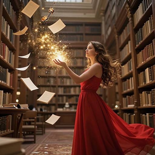 Photograph of a young woman in a flowing red dress, conjuring glowing sparks and floating papers in a grand, dimly lit library.