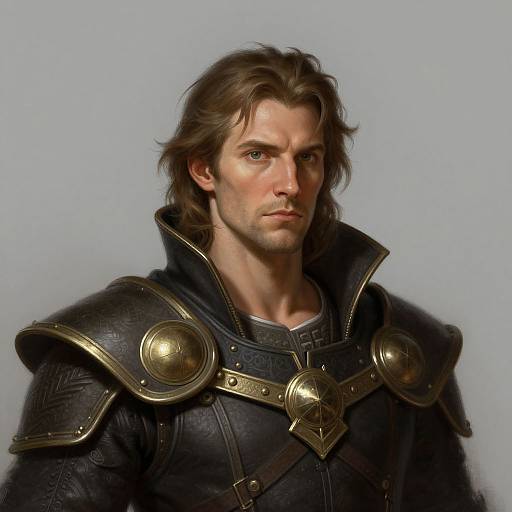 Digital portrait of a serious, muscular man with wavy brown hair, wearing dark leather armor with gold shoulder plates and a cross emblem.