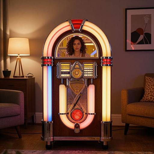 Retro Vibrant Jukebox in Cozy Living Room