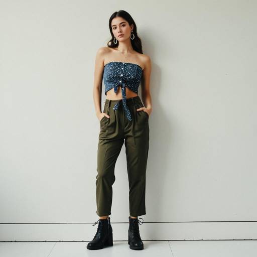 Fashionable Woman in Casual Crop Top and Khaki Trousers