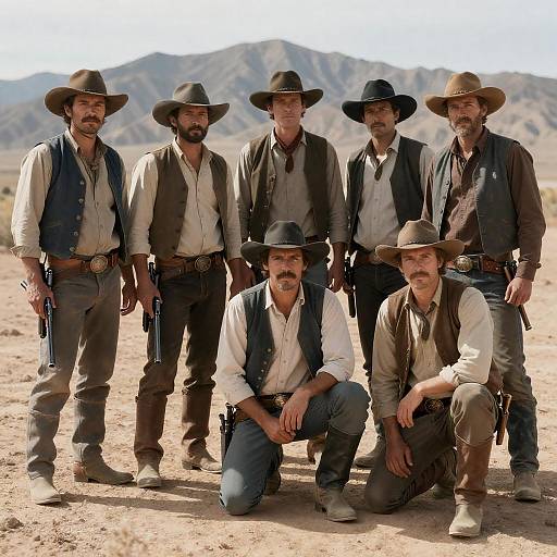 Seven Rugged Men in Desert Landscape