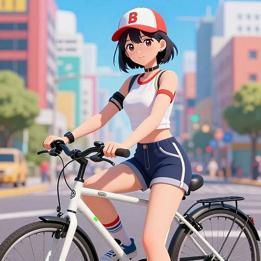 Anime Girl in Trendy Streetwear on Bicycle