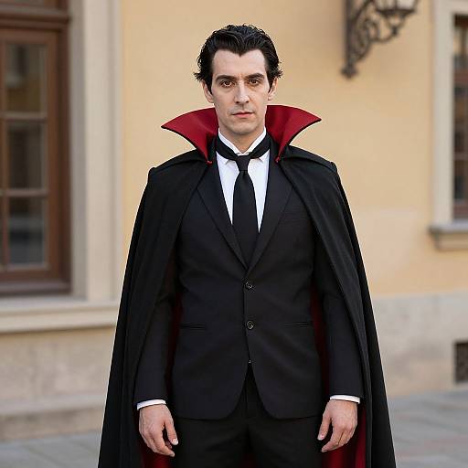 Photograph of a serious-looking man in a black suit, white shirt, black tie, and black cape with a red lining, standing in front of