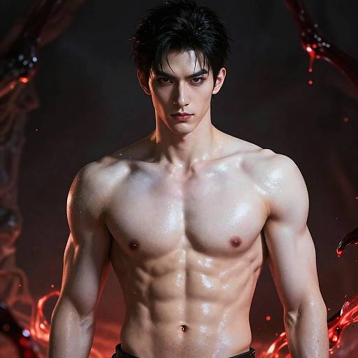 CGI image of a muscular, shirtless Asian man with wet, glistening skin, intense expression, dark hair, and fiery background.