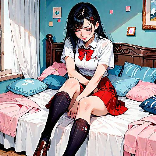 Anime Girl in School Uniform Sitting on Bed