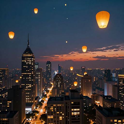 Photograph of a cityscape at dusk with numerous glowing orange paper lanterns floating above tall, illuminated skyscrapers, against a deep blue and orange