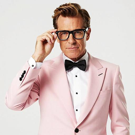 Photograph of an older man in a pink tuxedo, black bow tie, and black-rimmed glasses, adjusting his glasses, smiling,