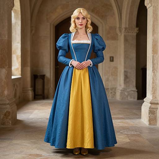Photograph of a blonde woman in a blue and yellow medieval-style dress with puffed sleeves, standing in a stone arched hallway.