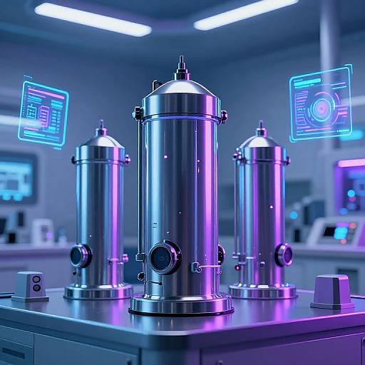 Photorealistic CGI of three metallic, cylindrical reactors with neon blue and purple lighting, flanked by holographic control screens in a high-tech lab.