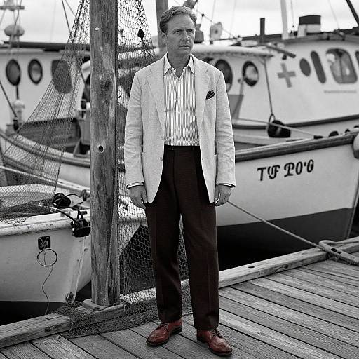 Photograph of a middle-aged man in a white blazer, striped shirt, and brown pants, standing on a wooden dock with fishing nets and two