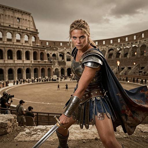 Photograph of a fierce blonde warrior woman in metallic Roman gladiator armor, holding a sword in Colosseum under dramatic clouds.