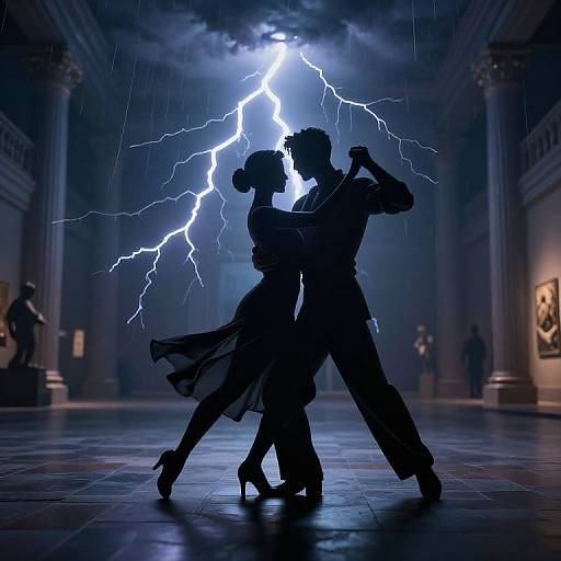 Photograph of a silhouetted dancing couple in a dramatic, lightning-lit, grand hall with classical columns and paintings on the walls.