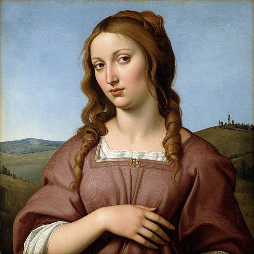 Photograph of the Mona Lisa by Leonardo da Vinci, depicting a fair-skinned woman with wavy brown hair, wearing a maroon dress, set