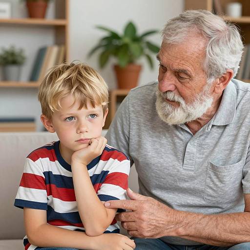 Elderly Man Comforting Young Boy Indoors