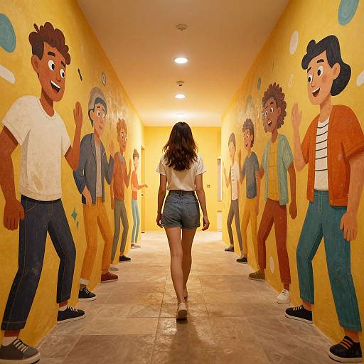 Photograph of a woman with curly hair, white top, and denim shorts walking through a brightly lit hallway with cartoon murals of diverse, animated people