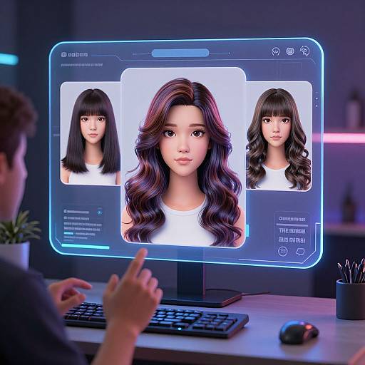 Photorealistic digital image of a person using a computer showing three virtual Asian women with wavy hair on a glowing screen.