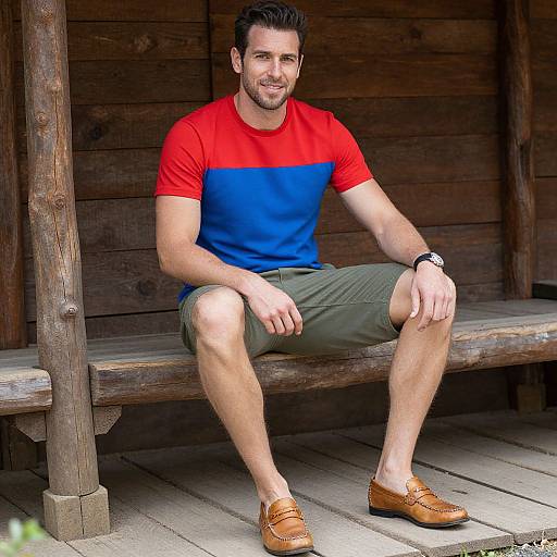 Photograph of a muscular, bearded man with short dark hair, wearing a red-blue t-shirt, olive green shorts, and brown loafers,