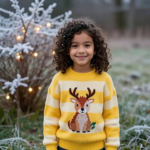 Photograph of a smiling young girl with curly dark hair wearing a yellow sweater with a reindeer design, standing in front of a frosty, lit