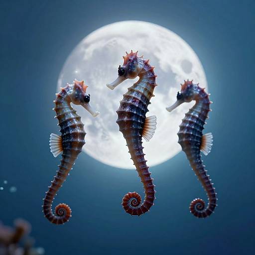 Photograph of three detailed, colorful sea seahorses with curled tails floating against a bright, full moon in a dark blue night sky.