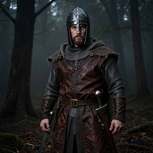 Photograph of a bearded man in medieval armor, including a metal helmet, brown leather tunic, and chainmail, standing in a dark,