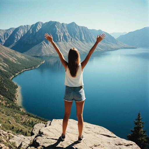 Woman on Cliff Overlooking Calm Lake