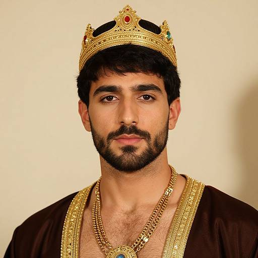 Photograph of a bearded man with dark hair, wearing a gold crown with jewels, a gold chain, and a brown robe.