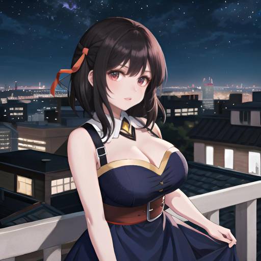 Aesthetic Nighttime Anime Girl Rooftop